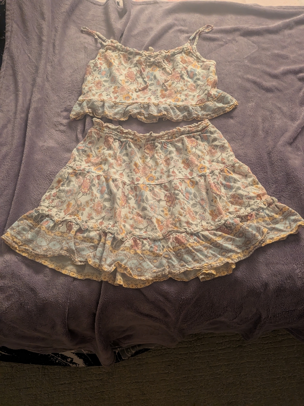 Women's Floral Ruffle Two-Piece Dress Set - Light Blue and Peach